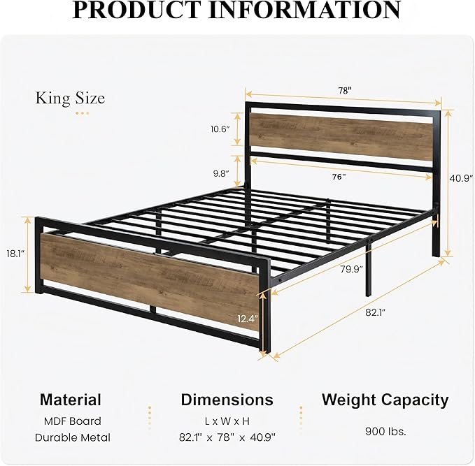 SHA CERLIN King Size Bed Frame with Modern Headboard, Heavy Duty Platform Metal Base with Footboard and 13 Slats Support, No Box Spring Needed, Brown