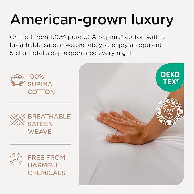 Threadmill Pillow Cases Standard Size | 1200 Thread Count 100% Supima Cotton Pillow Covers, Luxury Smooth Solid Sateen | Hotel White