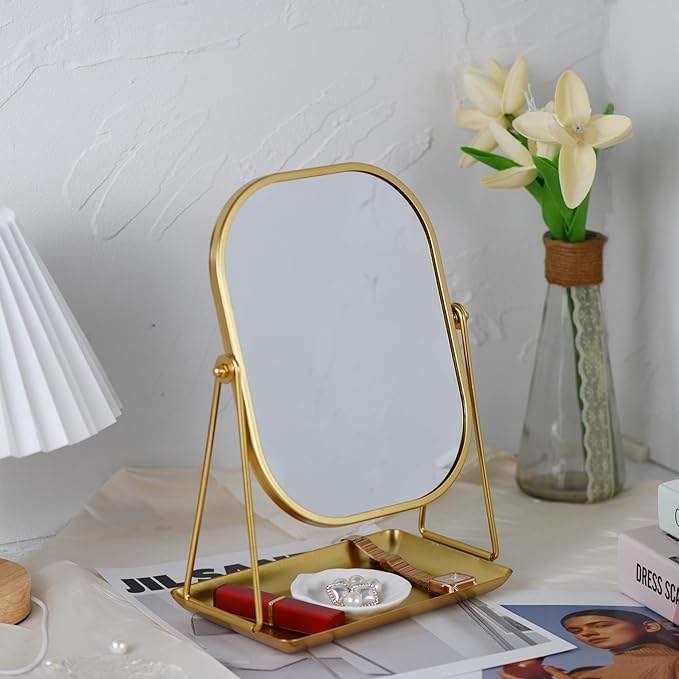 Tstarer 360 Degrees Rotating Metal Makeup Mirror with Storage, Vanity Mirror for Desk, Bathroom, Bedroom, Dressing Table (Gold)