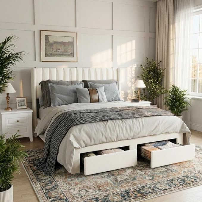 GAOMON Queen Size Upholstered Platform Bed Frame with 2 Under-Bed Storage Drawers, Velvet Wingback Headboard, No Box Spring Needed, Sturdy & Noise-Free, Cream White