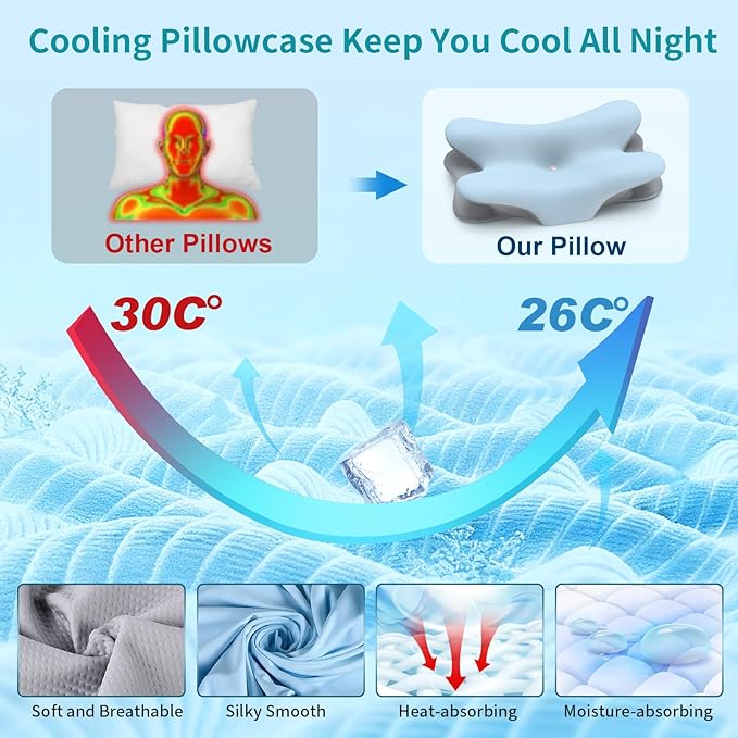 Besyodo Cervical Neck Pillow for Pain Relief - Ergonomic Side Sleeper Pillow for Neck Support, Cooling Memory Foam Pillows for Sleeping, Contour Pillow Orthopedic Bed Pillow for Back Stomach Sleepers