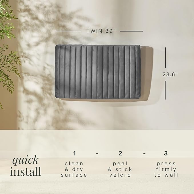 Hearth & Harbor Twin Headboard Only, Floating Wall Mounted Headboard Twin Size, Easy Assemble Upholstered Peel and Stick Headboards, 3D Soundproof Bed Wall Panels, Velvet Stick on Headboards, Grey