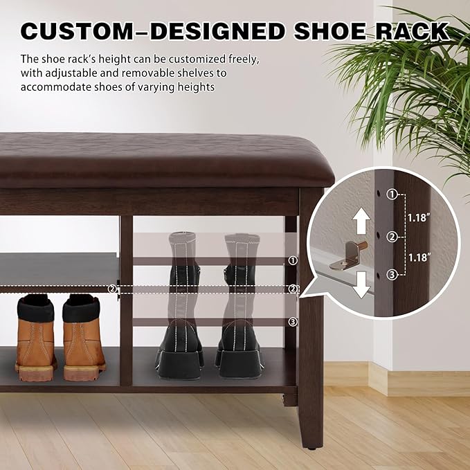 PY HOME & SPORTS Shoe Rack for Entryway 31.5": 2-Tier Shoe Storage Bench, Adjustable/Removable Shelves, Rubberwood Shoe Benches for Hallway, Porch, Bathroom, Brown