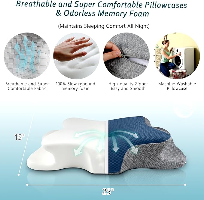 CHxxy Cervical Neck Pillow for Pain Relief Sleeping, Memory Foam Pillows, Ergonomic Side Sleeper Pillows, Cooling Orthopedic Neck Support Pillow for Back Stomach Sleepers-Queen Size Blue&Grey