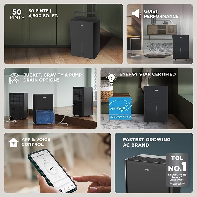TCL 50-Pint Capacity Quiet, Energy Efficient Portable Smart Dehumidifier with Pump, Bucket or Continuous Drain, Smart Home Compatible, Humidity Control for Home, Apartment, Rooms up to 4500 Sq Ft