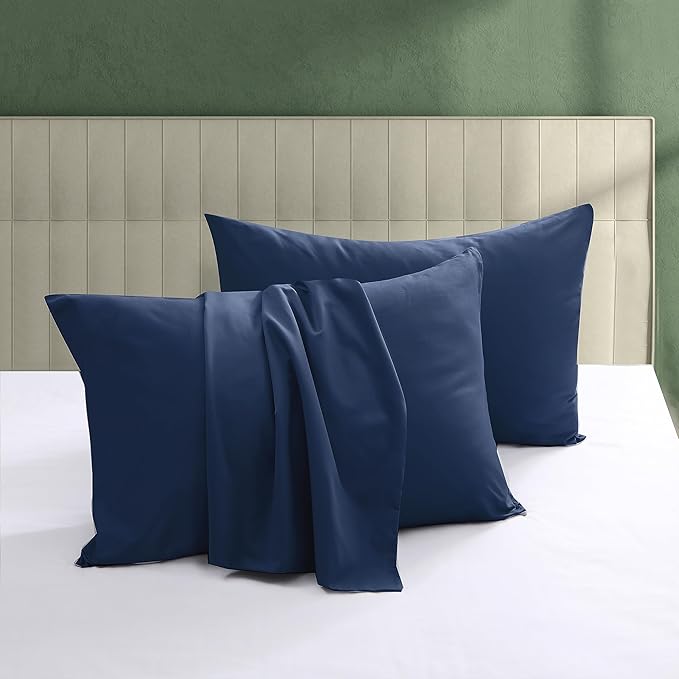 100% Egyptian Cotton Pillow Protectors Set of 2, 600 Thread Count King Size Bed Pillow Cases with Zipper, Sateen Weave Cooling Pillow Cases Quiet and Breathable Easy Care (2PCS, King, Navy Blue)