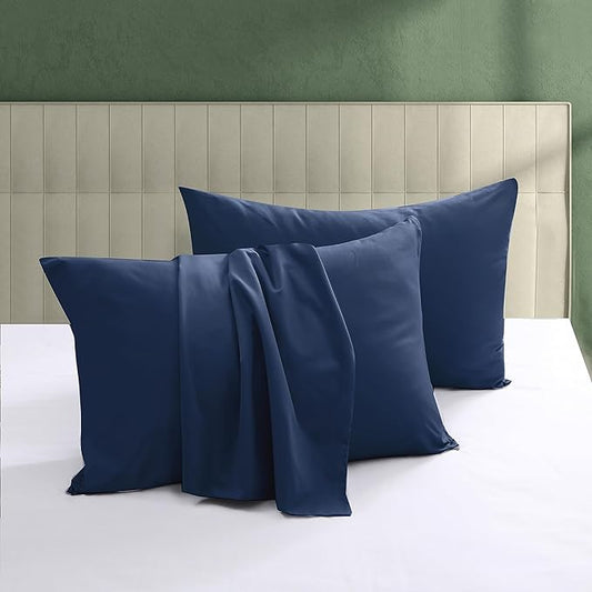 100% Egyptian Cotton Pillow Protectors Set of 4, 600 Thread Count Standard Size Bed Pillow Cases with Zipper, Sateen Weave Cooling Pillow Cases Quiet and Breathable Easy Care(4PCS, Navy Blue)