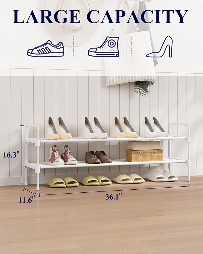 Kitsure Shoe Rack for Closet, Shoe Organizer for Front Door Entrance, Stackable Shoe Shelf, Detachable Closet Organizers and Storage, 36.1" Wide - 2 Tiers, White