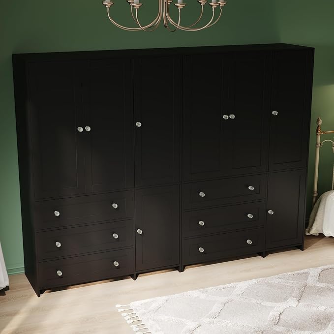 VOWNER Armoire Wardrobe Closet with Drawers and Mirror, 71" Clothing Storage Cabinet with Hanging Rod, 4 Doors Wooden Wardrobe Cabinet for Bedroom, Large Capacity Storage