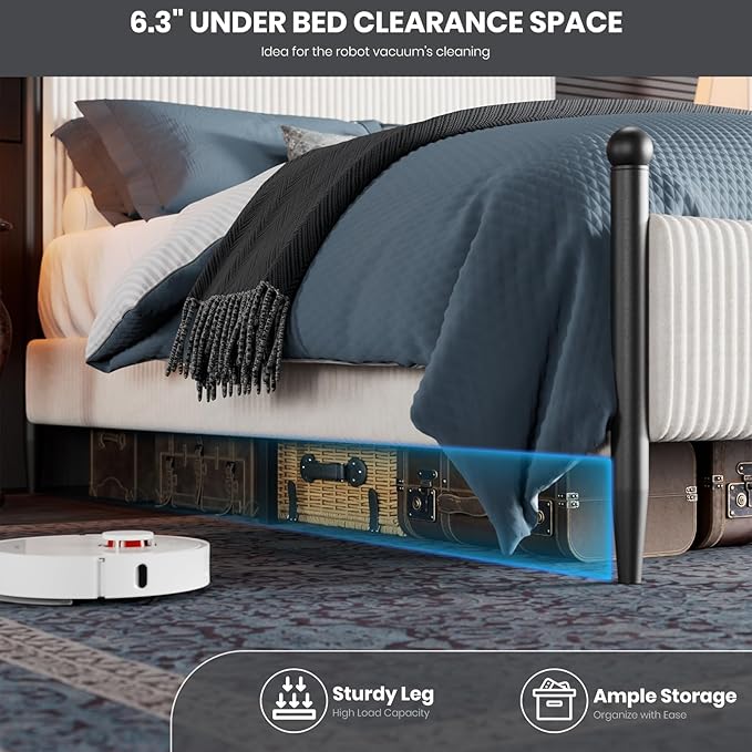 Garvee Full Size Upholstered Bed Frame - with Velvet Headboard, Soft Corduroy Fabric Platform with Wooden Slats Support & Heavy Duty Feet, No Box Spring Needed, Noise Free, Easy Assembly, White
