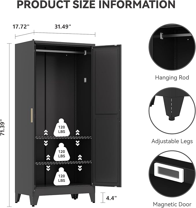 Baborokic Metal Armoire Wardrobe Closet with Hanging Rod,71H Metal Cabinet with Doors and Shelves,Freestanding Bedroom Armoire Closet,Storage Cabinets for Bedroom,Office,Laundry Room(Black)