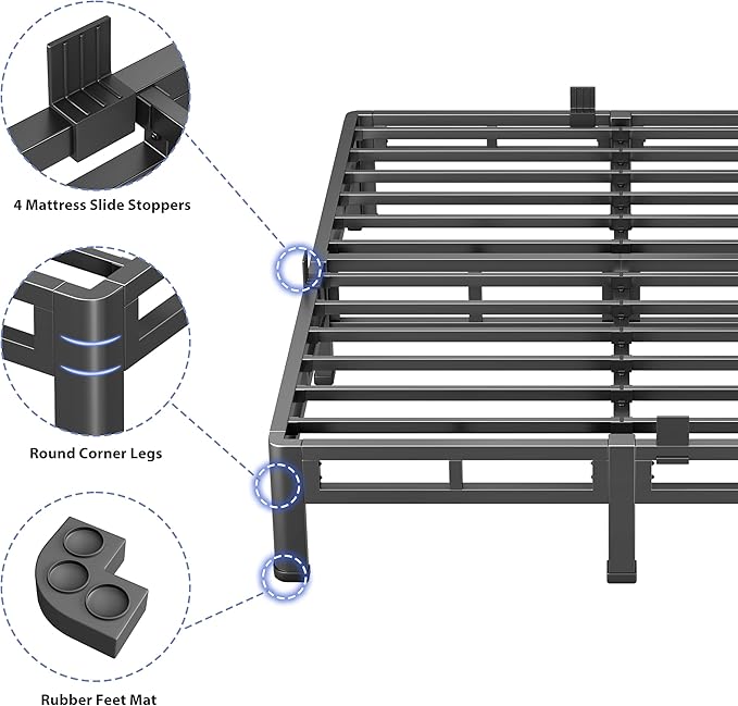 NKZ 7 Inch Full Size Bed Frame, Metal Bed Frame & Box Spring 2 in 1 Platform with Round Corner Legs, 4000Lbs Heavy Duty Low-Profile Frame, Mattress Slide Stopper, Noise-Free, Easy Assembly