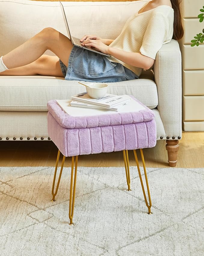 IBUYKE Stool Chair with Storage Space, Footrest Footstool Ottoman, Small Side Table, with 4 Metal Legs, with Anti-Slip Feet, for Makeup Room, Bedroom, Purple LG-50V