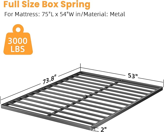 VIPSHOW 2 Inch Full Metal Box Spring with Round Corners - 3000 lbs Capacity, Low Profile Bed Slat Replacement Bunkie Board with Steel Slats, Noise-Free, Easy Assemble, Black