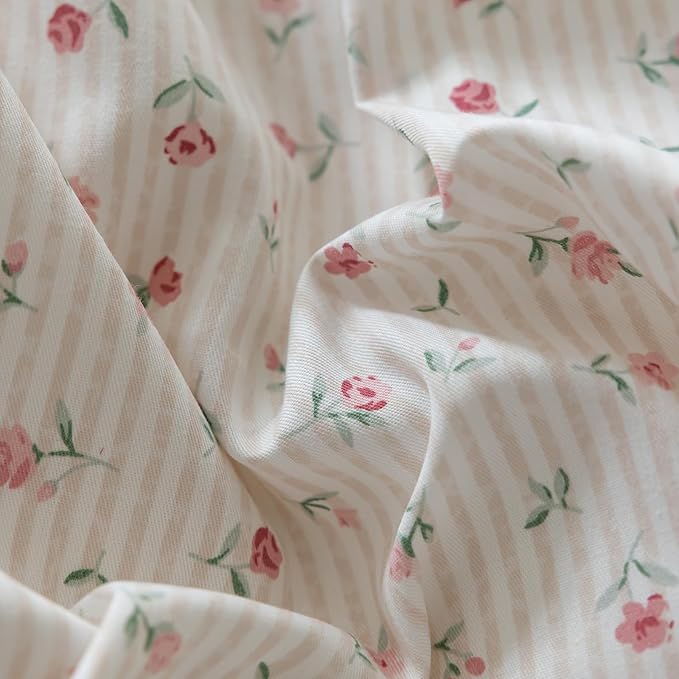 mixinni White Flower Pattern Duvet Cover Full Pink Floral Stripes Duvet Cover Set 100% Cotton Bedding Set with Zipper Ties Bow Tie Pillowcases, Easy Care, Ultra Soft and Breathable-Full Size