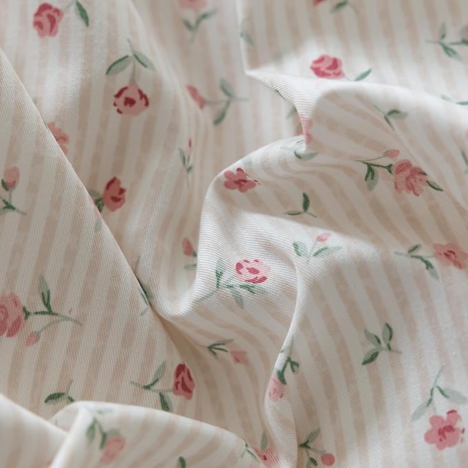 mixinni White Flower Pattern Duvet Cover King Pink Floral Stripes Duvet Cover Set 100% Cotton Bedding Set with Zipper Ties Bow Tie Pillowcases, Easy Care, Ultra Soft and Breathable-King Size
