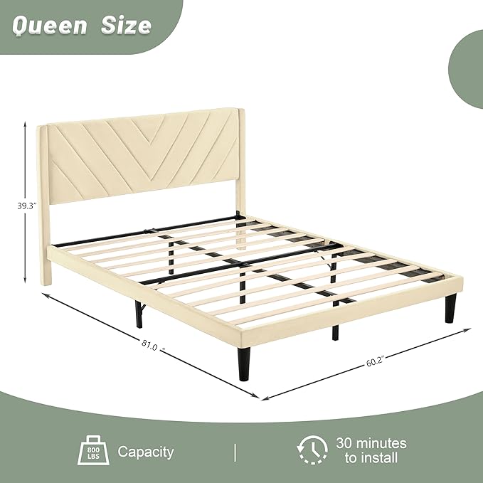 Queen Bed Frame with Headboard, Bed Frame Queen Size with Sturdy Wooden Slats Support, Platform Bed Frame with Velvet Upholstered Headboard, Mattress Foundation, Easy Assembly, No Box Spring Needed