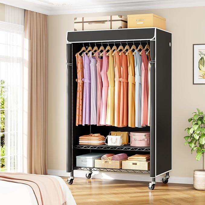 ULIFHOME P6C Rolling Clothes Rack with Cover, Covered Clothing Racks Heavy Duty, Portable Closet for Hanging Clothes, Garment Racks on Wheels, Black Closet Rack with Black Cover, Max Load 365LBS