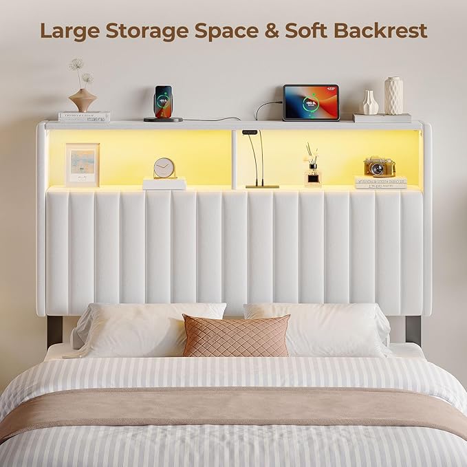 Rolanstar Headboard for Twin Size Bed with Storage, 60,000 DIY Color of LED Light, Head Board with USB & Type C Port, Height Adjustable, Velvet Upholstered, Comfortable Modern, Light White