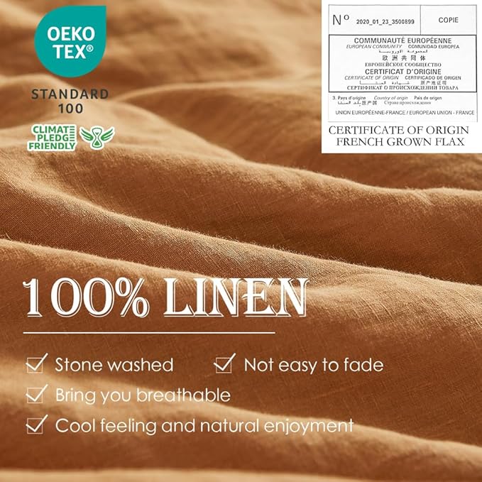 Simple&Opulence 100% Linen Duvet Cover Set 3pcs Basic Style Natural French Washed Flax Solid Color Soft Breathable Farmhouse Bedding with Button Closure - Rust, Queen