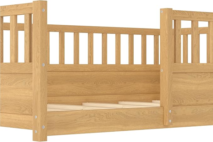 Bellemave Full Size Floor Bed with High Fence, Wood Montessori Bed with Slats and Guardrails, Full Size Montessori Floor Beds Frame for Kids, Girls, Boys, Natural