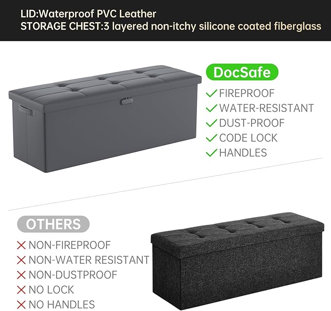 DocSafe Storage Ottoman Bench, Fireproof＆Waterproof Folding Bench with Lock(15”x 43”x15”), Leather Storage Chest with Handles＆2 Extra Boxes, Ottoman Safe for Bedroom,Living Room,Home Office, Gray
