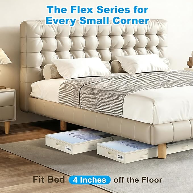 4 Inch Low Profile Under Bed Storage Drawer 4 Pack, Lightweight Underbed Clothes Storage Container Bins With NO STURCTURE, Shallow Storage Bag for Dorm & Home, With Clear Lids & Water-Resistant Fabric