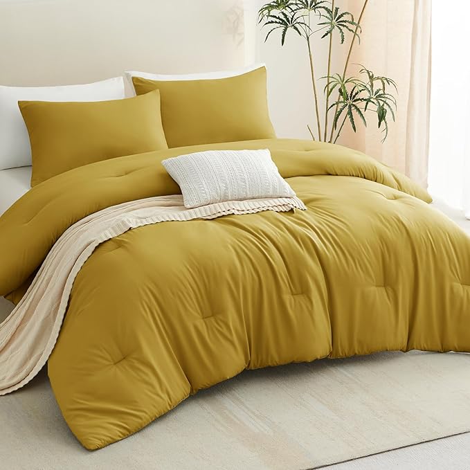 CozyLux Queen Comforter Set Mustard Yellow, 3 Pieces Solid Comforters Queen Size Breathable Bedding Sets, Luxury Soft Lightweight Bed Set with Down Alternative Comforter and 2 Pillowcases All Seasons