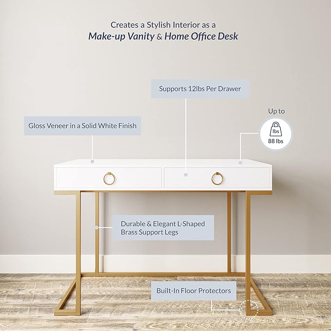 BELLEZE Vanity Desk with 2 Drawers, 45 Inch Computer Desk Mordern Vanity Makeup Dressing Table Home Office Desk Laptop Study Writing Table with Gold Metal Frame, White