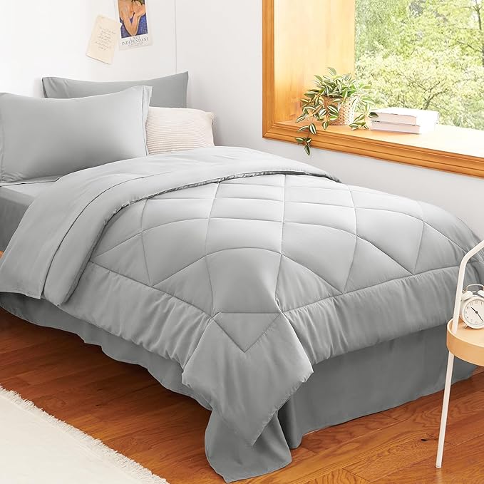 CozyLux Twin XL Comforter Set Light Grey - 5 Pieces Twin Extra Long Bed in a Bag for College Dorm, All Season Bedding Set for Girls and Boys, Soft Bed Set with Comforter, Sheets, Pillowcase & Sham