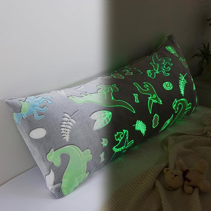HOMBYS Glow in The Dark Body Pillow Cover, Soft Velvet Fluffy Bed Pillow Case, Fuzzy Long Pillowcase for Kids Boys Childern, Plush Decorative Throw Pillow Cover, 21x54 Inches, Green Grey