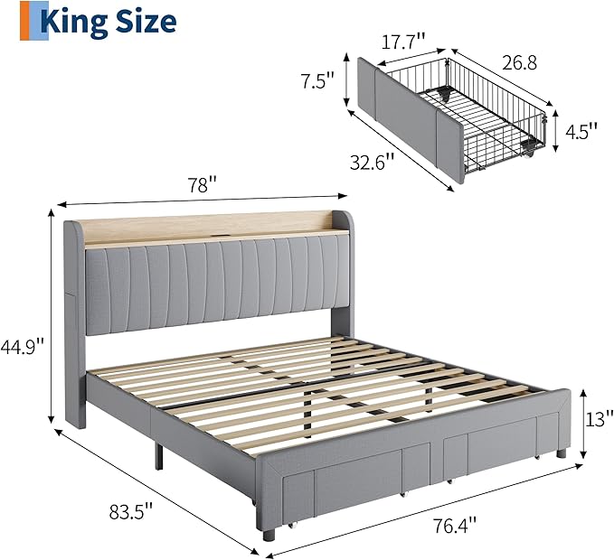 Garvee Upholstered Bed Frame King Size with Storage Headboard and Charging Station, Platform Bed Frame with Drawers, Heavy Duty, No Box Spring Needed, Easy Assembly, Light Grey