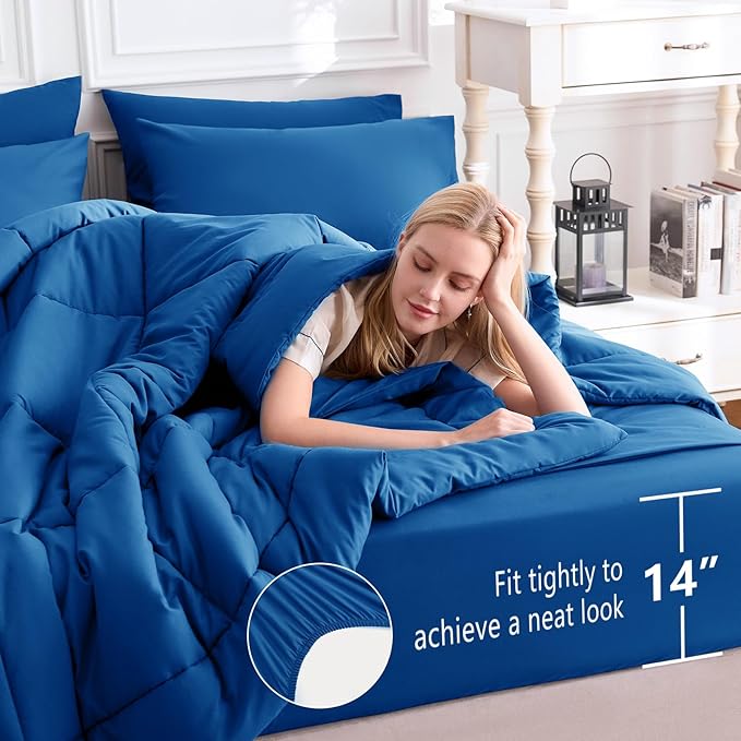 CozyLux Full Size Comforter Sets Classic Blue, 7 Pieces Bed in a Bag, Blue Comforter Full Size, All Season Bedding Sets with Stitch Quilted Comforter, Flat Sheet, Fitted Sheet, Pillowcases