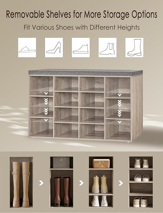 DINZI LVJ Shoe Storage Bench with Cushion, 14-Cubby Shoe Rack, Adjustable Shelves, Multifunctional Shoe Organizer Bench for Entryway, Mudroom, Hallway, Living Room, Bedroom and Garage, Greige