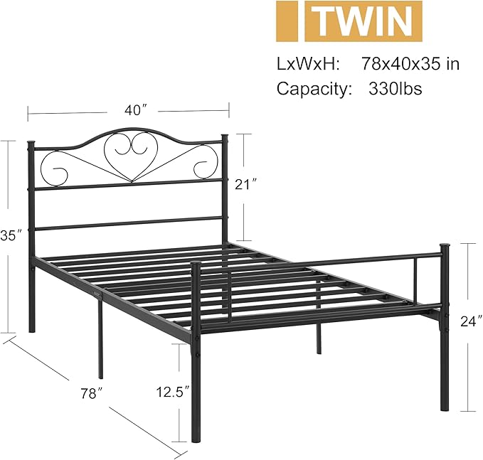 VECELO Metal Platform Bed Frame with Headboard & Footboard, Steel Slats Mattress Foundation, No Box Spring Needed, Twin, Matte Black