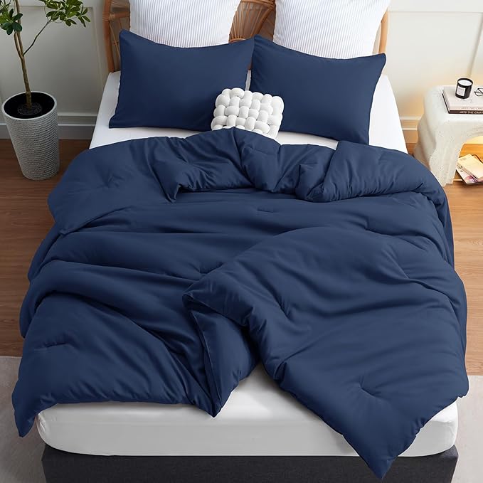 CozyLux Super King Plus Comforter Set Navy Blue, 3 Pieces 128x120 Solid Breathable Quilted Bedding Sets All Season, Luxury Lightweight Soft Bed Set with Down Alternative Comforter and 2 Pillowcases