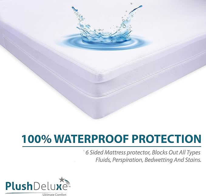 PlushDeluxe Premium 100% Waterproof Mattress Encasement, Breathable Soft Cotton Terry Surface (12"-15" Deep, King 76X80)