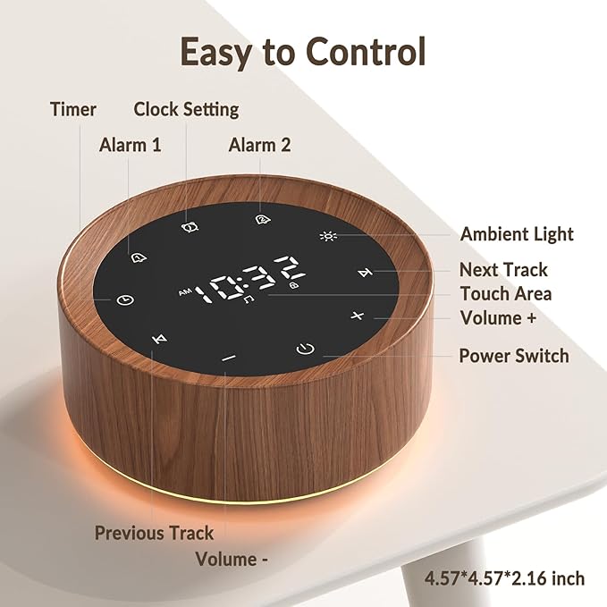 White Noise Machine with Alarm Clock & Night Light for Babies and Adults, 20 Soothing Sounds, Glare-Free Upward Display, Touch Control, Memory Function, 5 Sleep Timers, Wood Grain