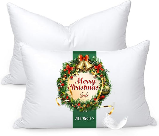 Feather Pillows Queen Size Set of 2 - Goose Down Hotel Bed Pillow for Sleeping, Soft 600 Thread Count Cotton Cover, Fluffy Support Surround Fill Polyester for Side, Back and Stomach Sleepers