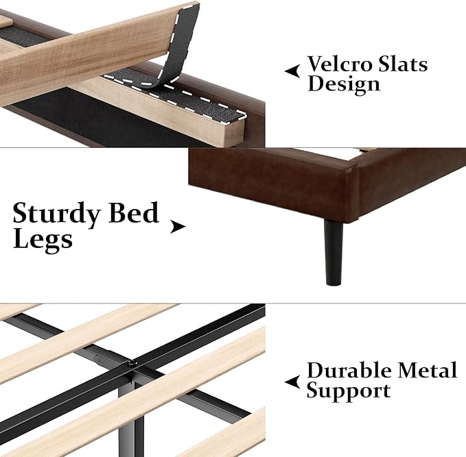 Gruwans Queen Size Bed Frame with Upholstered Wingback Headboard, Easy Assemnly Platform Bed, Wooden Slat Support No Box Spring Needed, Dark Brown Leather