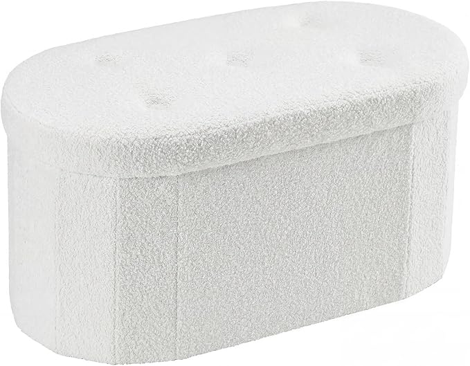 DUMOS Folding Storage Ottoman Bench, Oval Round Ottoman End of Bed Foot Rest Bench Stool with Cushion, Storage Chest for Bedroom, Living Room, Entryway, Dorm, Teddy Fabric, White