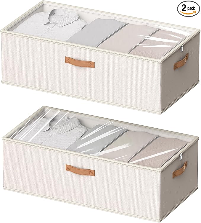 2 Pack Under Bed Storage Containers, 10 Inch Tall Underbed Clothes Storage Organizer Bin with Clear Window，Foldable Box Basket for Clothes, Closet, Bed Sheets and Blankets White