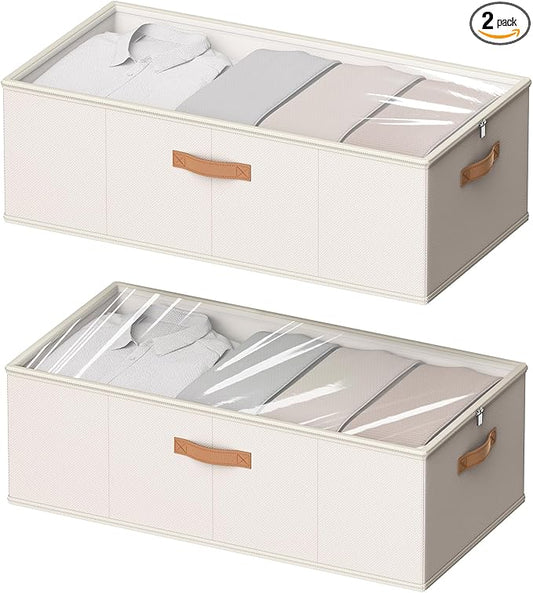 2 Pack Under Bed Storage Containers, 10 Inch Tall Underbed Clothes Storage Organizer Bin with Clear Window，Foldable Box Basket for Clothes, Closet, Bed Sheets and Blankets White