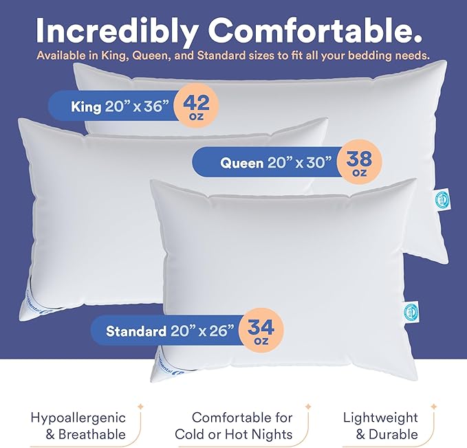 Continental Bedding 50/50 Down Feather Pillow, Fluffy Hotel Quality Side Sleeper Support, Breathable 300TC Cotton, RDS and Oeko TEX Certified