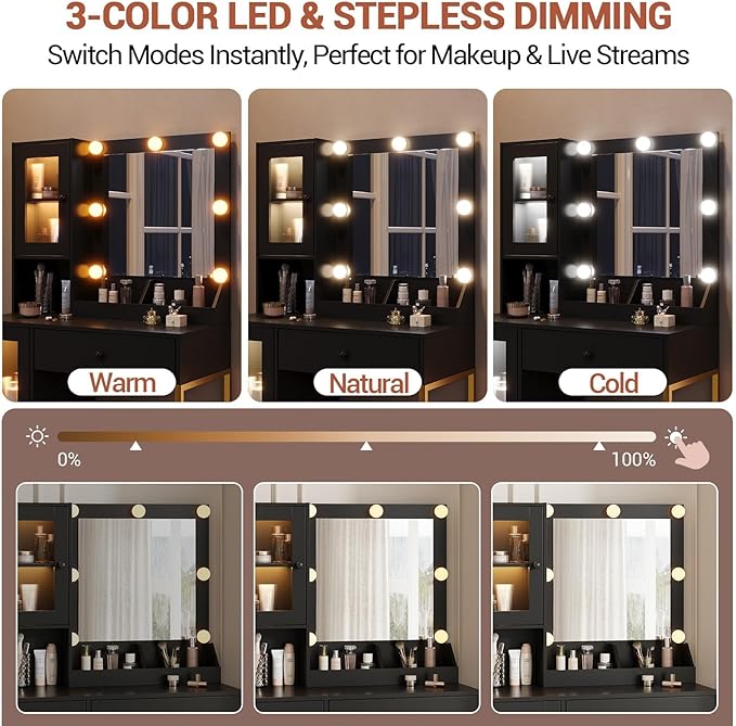 IDEALHOUSE Makeup Vanity Desk with Mirror and Lights, Vanity Table with Charging Station, 2 Open Compartments, 2 Acrylic-Door Cabinets, and RGB Lights Wood Dressing Table for Bedroom