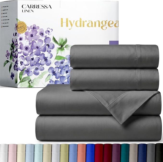 Carressa Linen 100% Egyptian Cotton Full Size Sheets - 600 Series Hydrangeas Collection Full Size Egyptian Cotton Sheets (4 PC, Dark Grey), 16" Deep Pocket Sateen Weave Luxury Hotel Bed Sheet Set