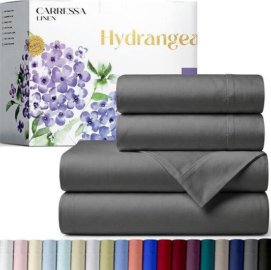 Carressa Linen 100% Egyptian Cotton King Size Sheets Set - 600 Series Hydrangeas Collection Egyptian Cotton Sheets King Size (4 PC, Dark Grey), 16" Deep Pocket Sateen Weave Luxury Bed Sheet
