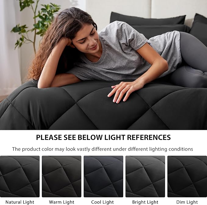 Love's cabin King Size Comforter Set Black, 7 Pieces King Bed in a Bag, All Season Bedding Sets with 1 Comforter, 1 Flat Sheet, 1 Fitted Sheet, 2 Pillowcase and 2 Pillow Sham | Soft, Breathable, Lightweight, Comfortable