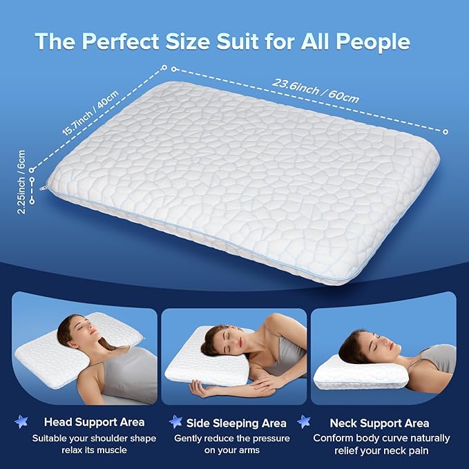 Ultra Thin Flat Pillows for Sleeping,Cooling Slim Memory Foam Pillow 2.25 in Height Ultra Thin Pillow,Low Profile Sleeper Pillows for Stomach Sleeper for Neck and Back Support Stomach sleeping pillow