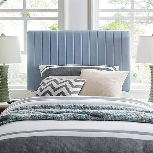 Modway Keira Channel Tufted Performance Velvet Upholstered Twin Headboard in Light Blue